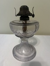 Clear Pressed Glass Kerosene Oil Lamp Beaded Swag Floral Victorian Burner picture