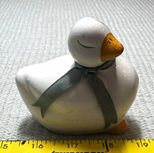 Vintage Ceramic Sleeping Duck Figurine White Green Ribbon Cottagecore Farmhouse picture