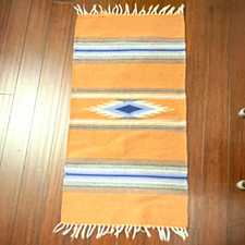 Ortega's  24” x 48” Chimayo 100% Wool Hand Woven Rug Textile w/ Tan Blue Diamond picture