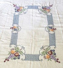 Vintage Linen Tablecloth 62x50 Hand Embroidered Cross Stitch Floral Blue 30s-40s picture