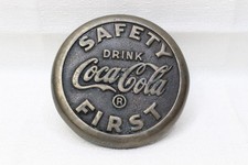 VINTAGE BRASS COCA COLA SIDEWALK MARKER SAFETY FIRST SCHOOL CROSSING MEDALLION picture