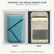 Vintage Las Vegas Western Village Money Clip Blue Enamel Original Box 2in picture