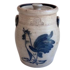Vintage 1986 Rowe Pottery Works Rooster Stoneware Crock w/Lid Salt Glaze 11