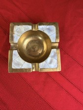 Vtg MCM Brass Mother of Pearl Inlaid Square Ashtray Tobacco Cigar Catchall picture