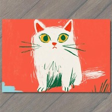 POSTCARD Cat Wide Eyes Whiskers Sitting White Furry Kitty Bold Orange picture