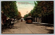 Postcard Broad Street East From Church Street Charleston Street Car Trolley SC picture