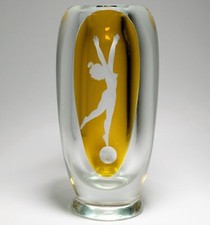 Art Deco Crystal Vase Johansfors Sweden SCRATCHED Lady on ball scratches picture