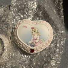 2001 Precious Moments “JULY” Ruby Keepsake Ceramic Covered Heart Box by Avon  picture