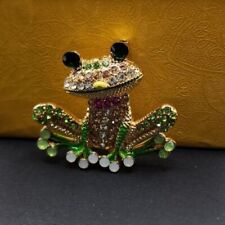 Adorable Brooch Pin Unbranded Frog Rhinestones Goldtone Green White Pink... picture