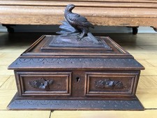 Old Antique Black Forest Carved Wooden Ornate Trinket Dresser Box With Bird picture
