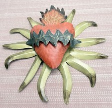 Mexican Folkart  Flaming Heart 3D Handmade Painted Tin Milagros 12. 5” X 12” C picture