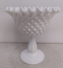 Fenton Bowl Hobnail Pedestal Ruffled Top MILK GLASS  6