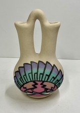 Vtg Pueblo Style Native American Pottery Signed Navajo Wedding Vase Pitcher 7.5” picture
