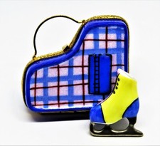 LIMOGES FRANCE BOX - BLUE PLAID CASE & REMOVABLE ICE SKATE - WINTER SPORTS picture