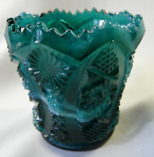 Vintage Imperial Teal Slag Glass Daisy & Button Toothpick Holder picture