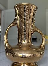 VTG 22k Gold Mirror Finish Floral Pattern Daisy Double Handled Bud Vase Urn USA picture