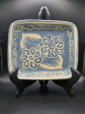 VTG Tonala Mexican Folk Art Redware Slip-paint Pottery Blue Floral Dish Tray  picture
