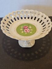 Vintage Ucagco Compote Pedestal Lace Bowl W/Gold Trim Green W/Pink Roses picture