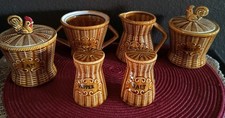 Vintage Brown Wicker Ceramic Rooster Canister Set Sugar Cream Jam Jelly S&P Set picture
