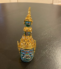 Thai Khon Decorative Mask “Tossakan” Gold-Tone Headdress Blue Green Face picture