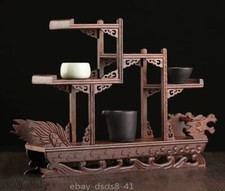 Natural Wenge Wood Carved Dragon Boat Stand Shelf Pot Statue Vase Art Display picture