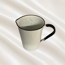 Vintage 6 Inch Enamelware 32 Oz Measuring Pitcher White Black Farmhouse Jug picture