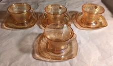 Jeannette Glass Floragold Louisa Iridescent Peach Lustre Tea Cup and Saucer Sets picture