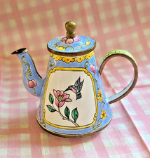Vintage Chen Blue Teapot Enamel Copper Pink flower Hummingbird #235 Country 🫖 picture