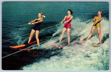 Water Skiing Women Swimsuits Chrome Postcard Tichnor Lusterchrome Pin-Up Sport picture