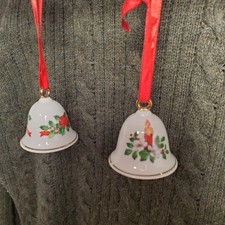 Princess House Bone China Bells. Set of 2. Christmas Holly & Red candle. picture