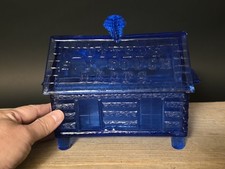 Vintage Style Cobalt Blue Depression Glass Cabin Candy Dish Box picture