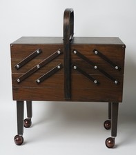 Vintage Strommen Bruk Hamar MCM Accordion Wood Sewing Box w/ Shepherd Casters picture
