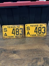 1951 Texas Farm Truck License Plates Matching Pair SA 483 Vintage Original picture