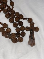 Vtg French France Wood Carved Bead Large wall Rosary Catholic Wooden Jesus Cross picture