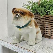 VTG 1930s Porcelain Hand Painted Bulldog Sitting Figurine Teal Collar Japan 3.5
