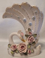 Vintage Napco #S748 Bone China Ceramic Swan Flowers Vase 7