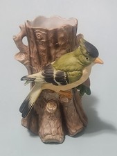 Vintage Ceramic Sculptured Tree Stump Vase Featuring Green Cardinal Jay picture