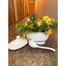 Vintage White Ceramic Soup Tureen with Lid and Ladle Embossed Fruit Motif picture