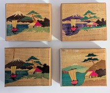 Vintage 4 NOS Wooden Drawer Stash Boxes Japan Mini Trinket Boats Mountain House picture