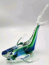 1980s Green/Blue Sommerso Hand Blown Art Glass Whale Figurine 7.5