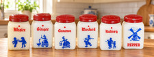 6 Vintage Hazel Atlas Milk Glass Spice Jars – Red Lids & Blue Dutch Decorations picture