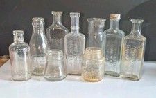 Lot of 9 Antique Vtg Embossed Medicine Bottles Roice Pharmacy Tacoma Listerine picture