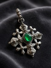 Vintage Holy Land Jerusalem Cross Pendant 800 Sterling Silver Green Cabochon picture