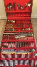 Vintage 140 Pc Nickel Bronze Bamboo Flatware Set Silverware MCM Wooden Chest picture