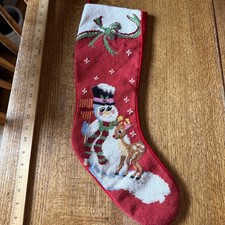 Vintage Handcrafted Wool Needlepoint Christmas Stocking Reindeer Snowman Velvet picture