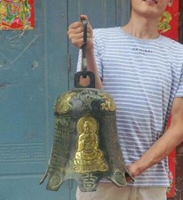16 Old China Buddhism Temple Bronze Gilt Sakyamuni Manjushri Dragon Phoenix Bell picture