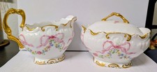 Antique 1890's Limoges France Pink Ribbon Lided Sugar & Creamer Set. picture