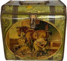 Antique Biscuit Tin Litho Box Horse Shoeing Bay Mare Dignity Impudence Tobacco picture