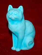 VINTAGE Mosser Sitting Cat Glass Figurine Blue Milk Satin Made in USA 1980's picture