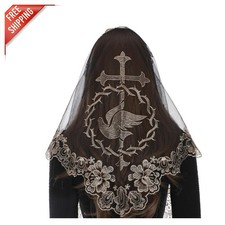 Elegantly Embroidered Triangle Church Veil for Women - Black Gold Lace Mantilla picture